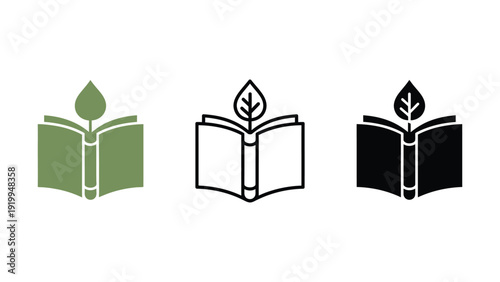 Book icon with a green leaf growing out of it in different styles