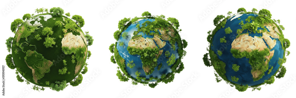 Φωτογραφία Title: Set of Green Eco-Friendly Earth Globes with Lush Trees PNG Illustrations
