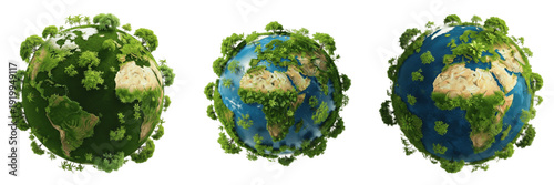 Canvastavla Title: Set of Green Eco-Friendly Earth Globes with Lush Trees PNG Illustrations