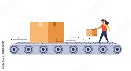 Female worker processing packages on a fast moving conveyor belt in a large logistics warehouse facility for efficient order fulfillment.
