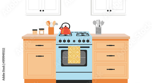 Modern kitchen interior with light wood cabinets and a stylish blue gas stove featuring a red kettle and various cooking utensils.