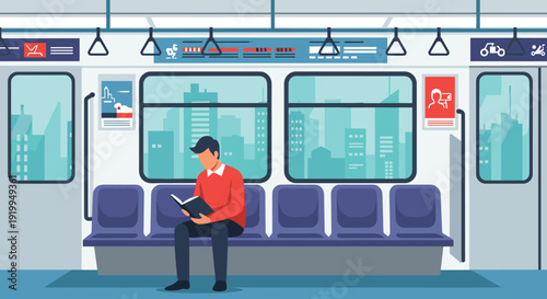 Man sitting alone on a subway train and reading a book while commuting through the city during a quiet moment of his daily routine.