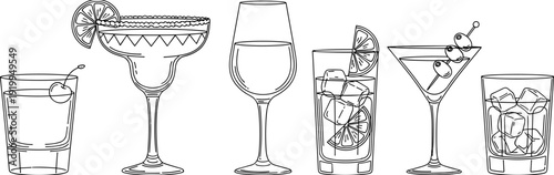 Set of various minimalist cocktail and beverage line art icons, elegant drink glasses including margarita wine and martini vector isolated on white background.