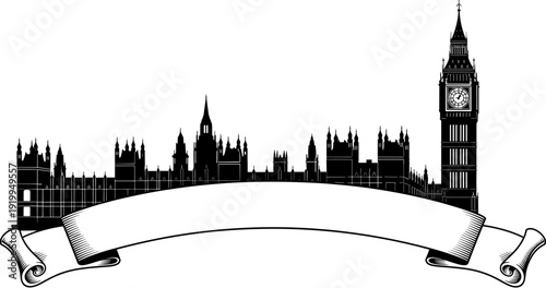 London skyline silhouette with Big Ben and Houses of Parliament, United Kingdom landmark vector illustration with blank banner isolated on white background.