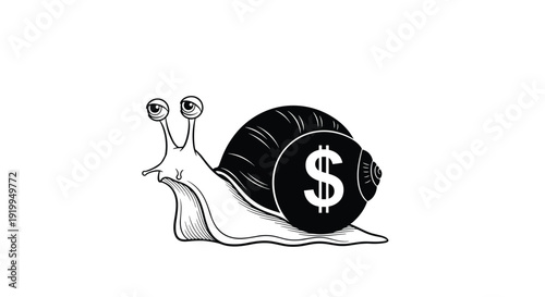 Snail with a large dollar sign on its shell crawling slowly to represent the slow growth of wealth or financial delays in an economy.