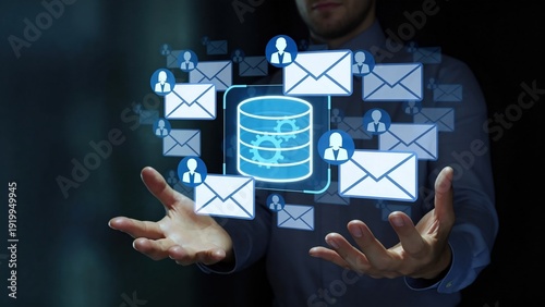 Businessman managing email marketing system with digital database interface and customer communication network,concept of CRM automation,data integration and cloud messaging technology