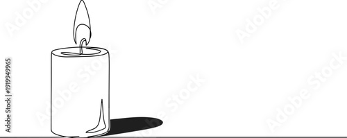 Continuous line drawing of a burning candle with flame, minimalist memorial or relaxation concept, simple elegant wax candle vector illustration isolated on white background.