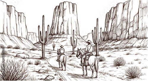 Wild West desert landscape sketch, cowboys riding horses through Monument Valley, saguaro cactus and canyon rock formations vector illustration.