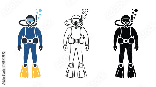 Scuba diver icon set with colorful and black and white illustrations