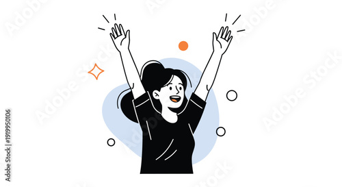 Joyful young woman celebrates with her arms raised high against a minimalist light blue background featuring simple stars and shapes.