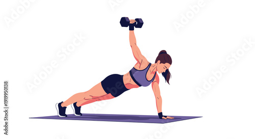 Athletic woman performs a challenging side plank exercise while holding a dumbbell upward during a professional fitness training session at home.
