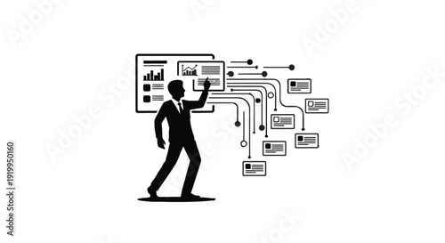 Businessman analyzing complex data flow and strategy