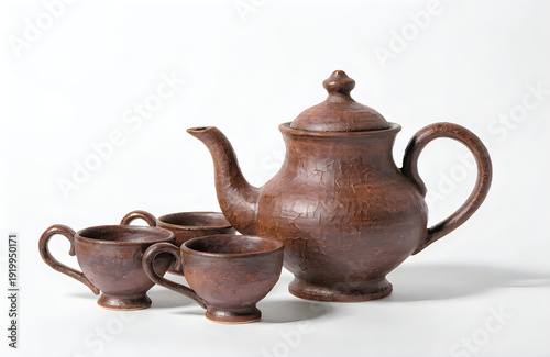 An antique tea pot and old clay teapot with an old clay jug represent traditional ceramic pottery objects isolated for a hot beverage tea ceremony