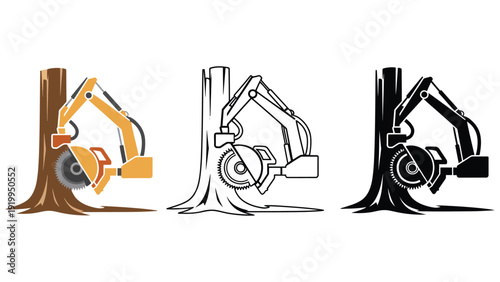 Excavator saw cutting tree vector illustration set in different styles