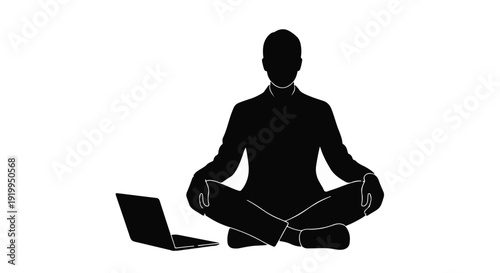 man meditating with laptop lotus position