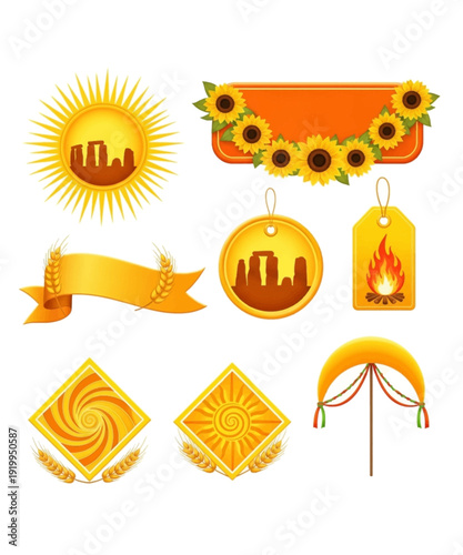 Autumn harvest festival icons set with sunflowers pumpkins corn and wheat golden theme