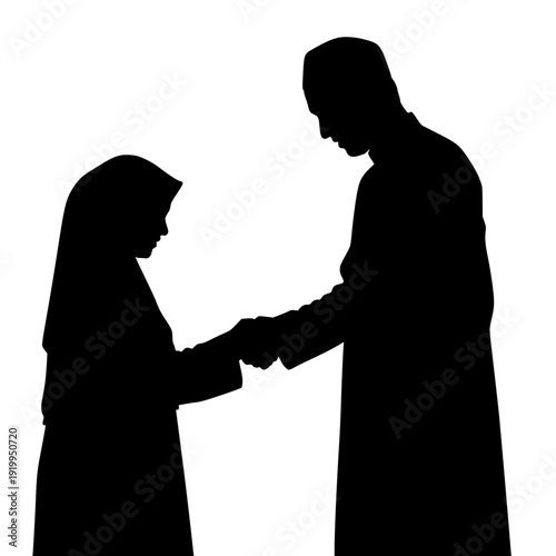Silhouette of man and woman shaking hands