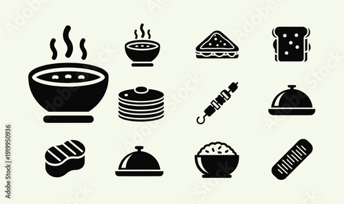 Premium Food  Restaurant Solid Icon Set - 11 Minimalist Black Glyph Graphics for Cafe Menus, Food Delivery Apps, Culinary Blogs  Kitchen Branding