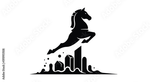 Black horse silhouette jumping over city skyline
