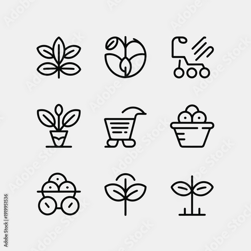 Set of nine black and white related to gardening and shopping line plants leaves desi