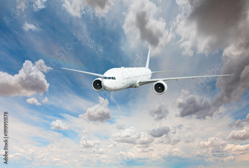 Airplane taking off from airport - Passenger airplane is flying over amazing mountains and sea  - Travel by air transport