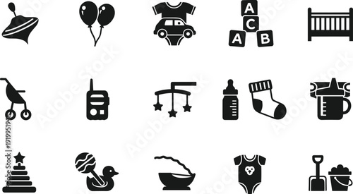 Baby and Toddler Icon Vector Set with Toys, Clothing, Crib, Bottle, Stroller and Nursery Symbols in Black Silhouette Style