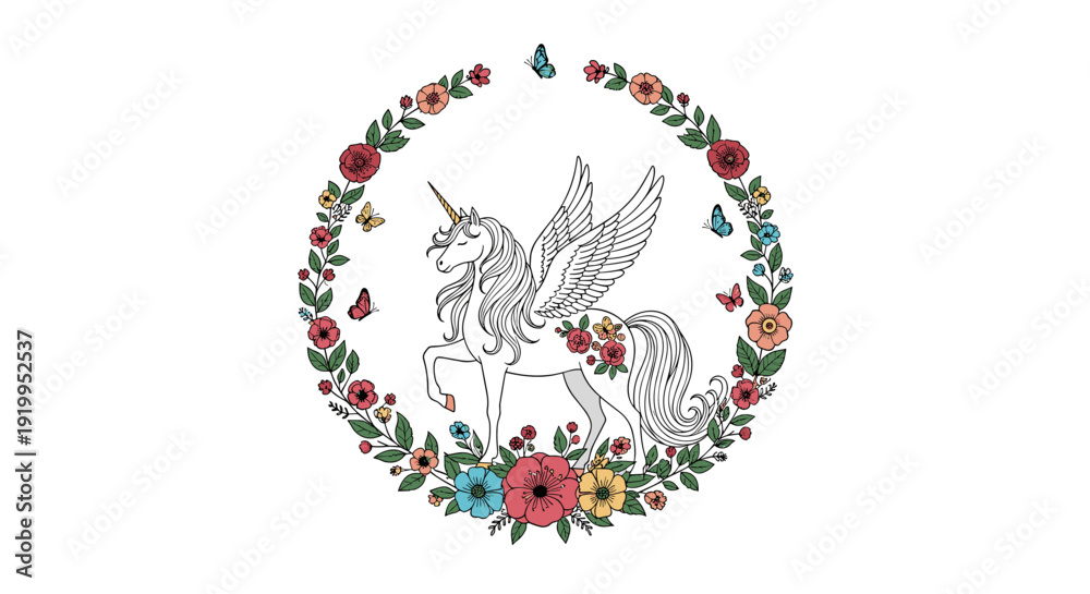 Obraz premium Graceful pegasus unicorn with wings stands inside a beautiful circular wreath of colorful flowers and fluttering butterflies.