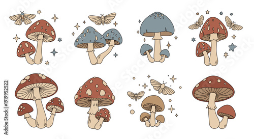 Charming set of eight mushroom and moth illustrations features various species in a vintage style with subtle earth tones and stars.