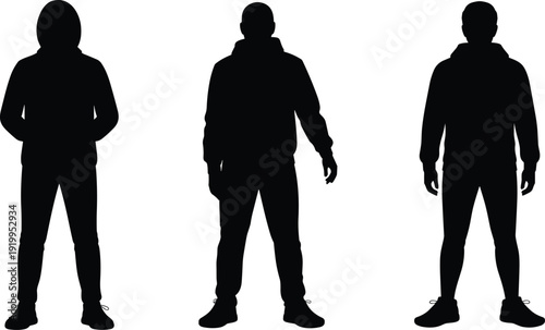 Male silhouette figures standing in casual hoodie outfits isolated on white background minimalist black vector illustration full body front view