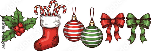 Christmas Holiday Vector Set with Santa Stocking, Candy Canes, Baubles, Holly Berry and Festive Ribbon Bows Illustration