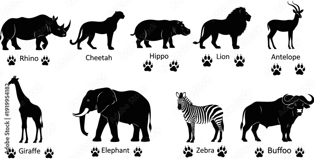 Ταπετσαρία African safari animal silhouette collection, wild savanna wildlife vector icons including elephant, lion, giraffe, rhino, zebra, and cheetah with paw prints