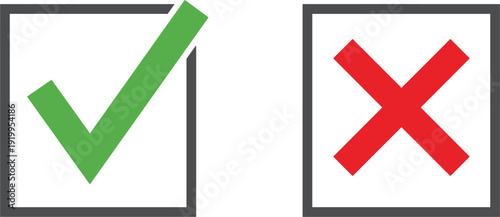 Green check mark and red cross symbols inside square boxes representing yes and no options for survey results and decision making processes.