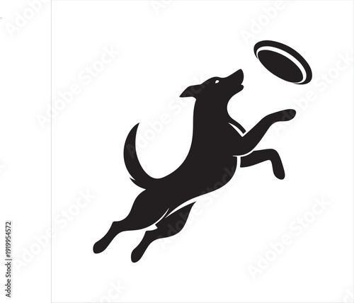 Dog catching frisbee vector silhouette line art logo design concept illustration