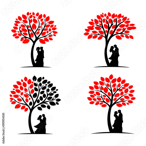 Silhouetted couple under red and black trees in a repeating pattern
