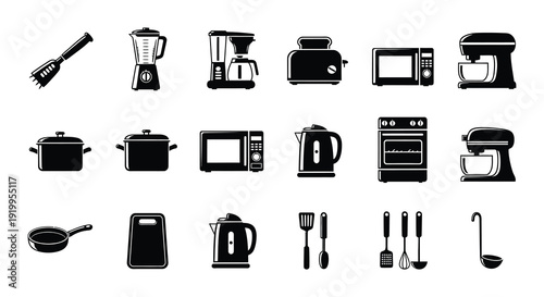 Black silhouette icons depicting various kitchen appliances and utensils