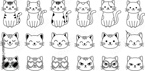 Cute kawaii cartoon cats set, various sitting poses and funny face expressions with glasses, black white vector illustrations kitty clipart collection