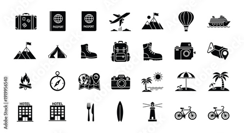 Collection of black travel icons depicting destinations and tourism elements