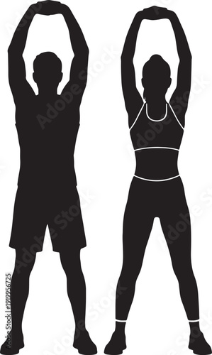 Black silhouettes of a man and woman stretching during a fitness warm up routine