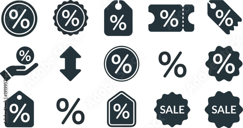 Discount Promotion Icon Set – Percent, Sale Badge, Coupon and Shopping Tag Symbols Isolated on White Background Vector Collection