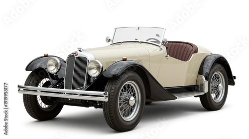 A vintage cream-colored convertible car with a brown leather interior is parked on a white background