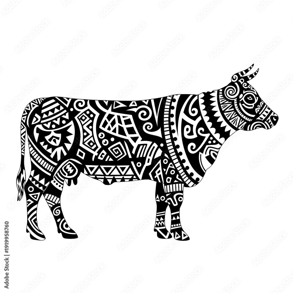 Fototapeta premium Intricate Paisley Mandala Cattle Full Body Zentangle Art Black White, Detailed Ornamental Farm Cow Doodle Pattern Illustration, Ethnic Boho Bovine Tattoo Design for Print