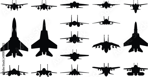 Fighter jet silhouettes front view collection isolated on white background, modern military aircraft combat plane set illustration