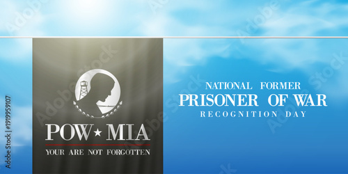 April 9 is National  Former Prisoner Of War Recognition Day. Pow mia flag, cloud and light. Suitable for posters, banners and social media. Blue background.