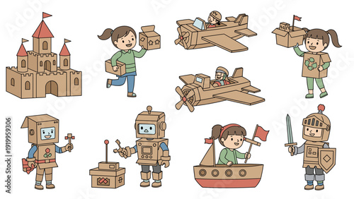 Group of creative children playing and wearing various imaginative costumes and toys made from recycled brown cardboard boxes.