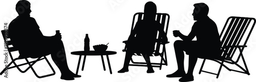 Friends sitting on beach chairs silhouettes, people talking and drinking coffee, outdoor leisure gathering, isolated on white background lifestyle illustration