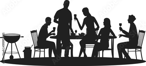 Friends barbecue party silhouette with grill and dining table, people drinking wine outdoor gathering celebration summer cookout vector illustration isolated