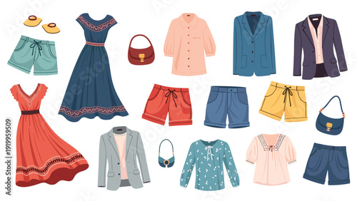 Diverse collection of stylish casual women clothing including dresses, jackets, shirts, shorts, and handbags arranged for fashion display.