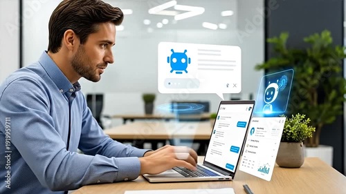 Businessman interacting with an AI chatbot and holographic data projections on his laptop in a modern office.