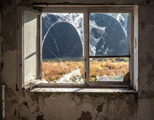 Old, broken window reveals sunlit landscape. Sunbeams through spiderwebs