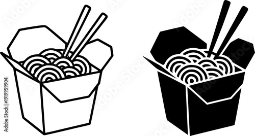 Food icon, vector illustration of noodles in a container, black and white in outline and silhouette design style